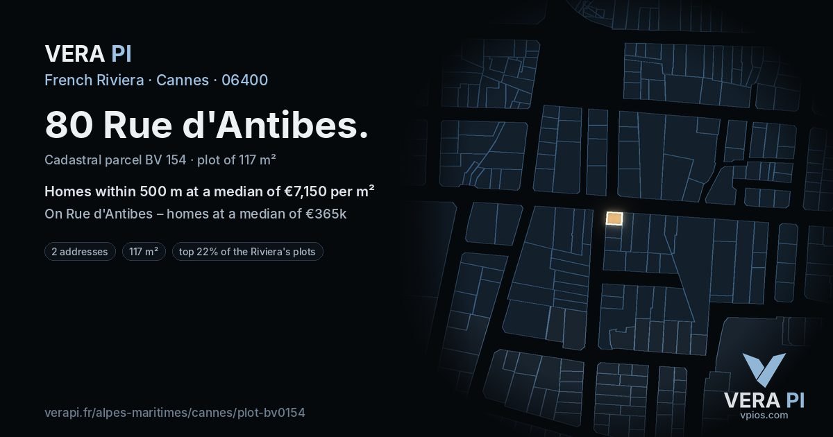 80 Rue d'Antibes, Cannes at night – the plot lit, the parcels around coloured by the prices near them