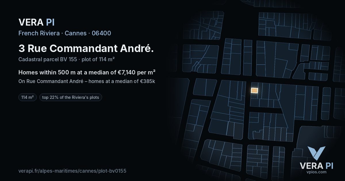 3 Rue Commandant André, Cannes at night – the plot lit, the parcels around coloured by the prices near them