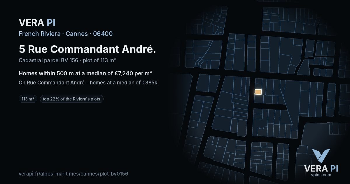 5 Rue Commandant André, Cannes at night – the plot lit, the parcels around coloured by the prices near them