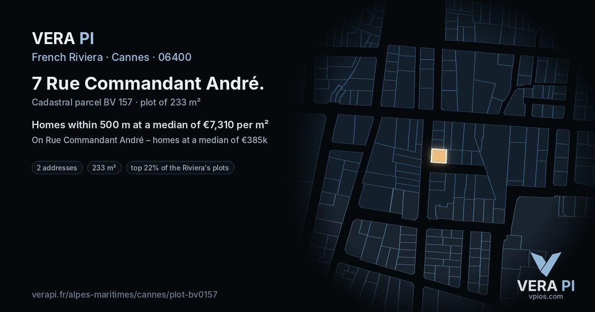 7 Rue Commandant André, Cannes at night – the plot lit, the parcels around coloured by the prices near them