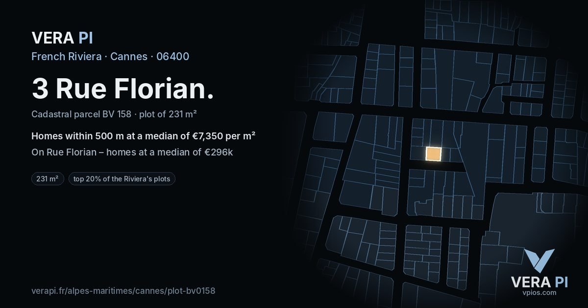 3 Rue Florian, Cannes at night – the plot lit, the parcels around coloured by the prices near them