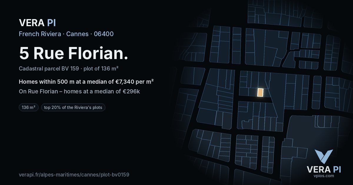 5 Rue Florian, Cannes at night – the plot lit, the parcels around coloured by the prices near them