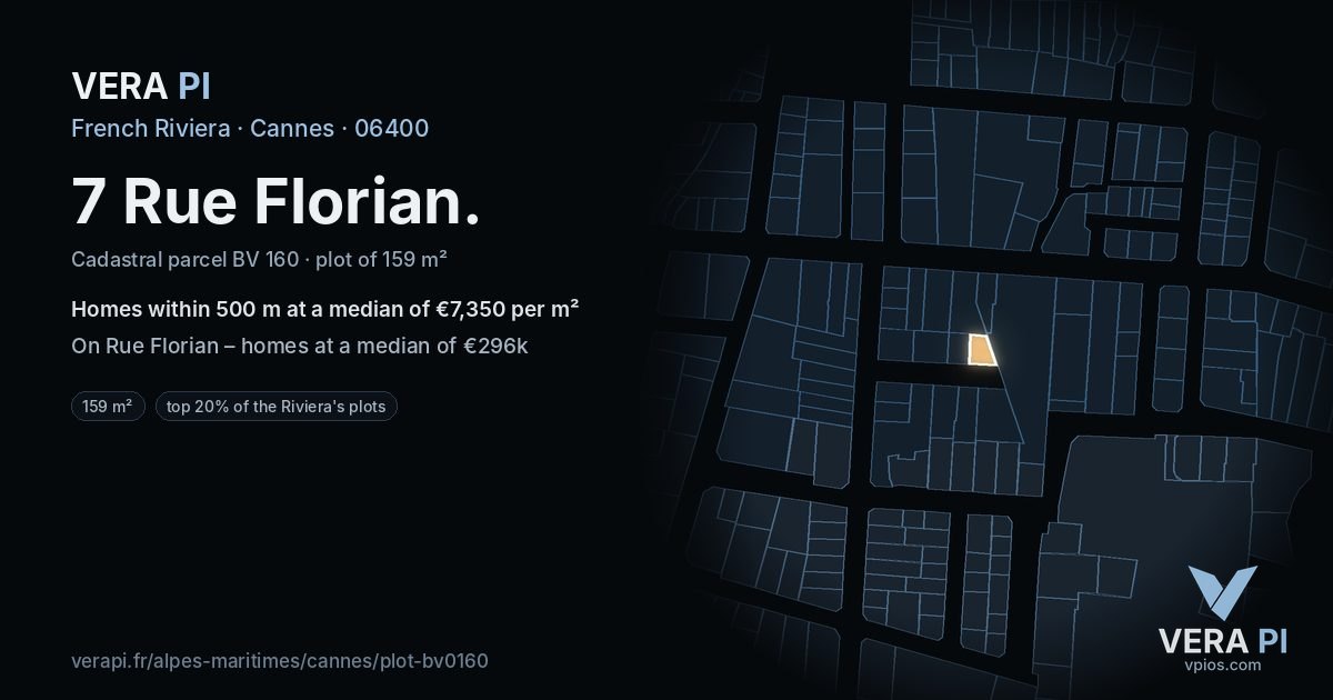 7 Rue Florian, Cannes at night – the plot lit, the parcels around coloured by the prices near them