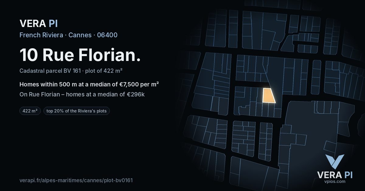 10 Rue Florian, Cannes at night – the plot lit, the parcels around coloured by the prices near them