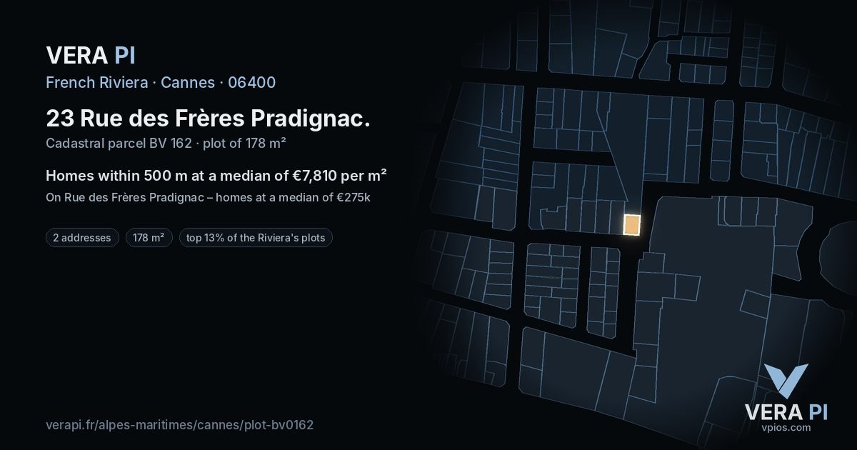 23 Rue des Frères Pradignac, Cannes at night – the plot lit, the parcels around coloured by the prices near them