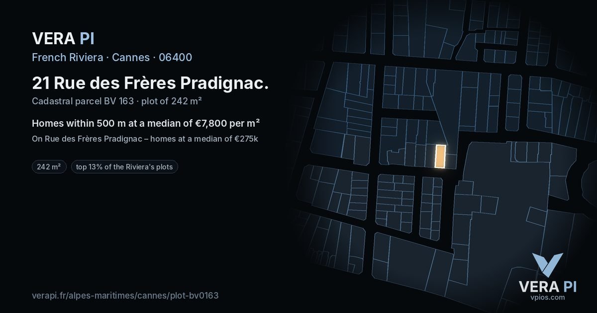 21 Rue des Frères Pradignac, Cannes at night – the plot lit, the parcels around coloured by the prices near them