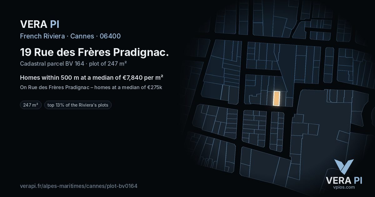 19 Rue des Frères Pradignac, Cannes at night – the plot lit, the parcels around coloured by the prices near them
