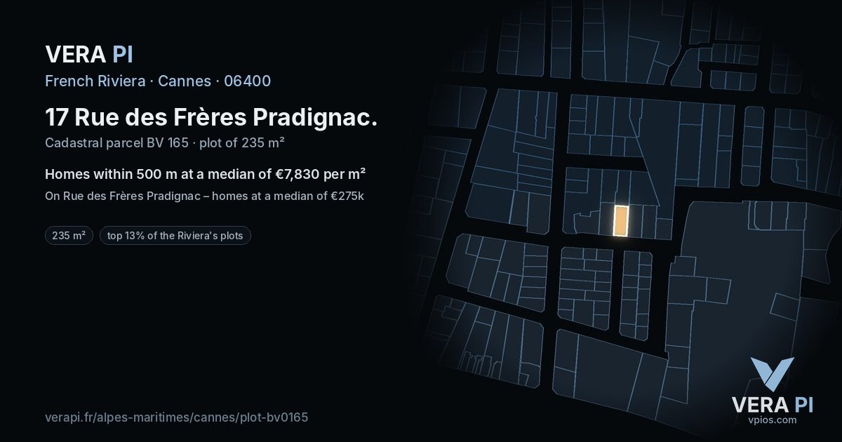 17 Rue des Frères Pradignac, Cannes at night – the plot lit, the parcels around coloured by the prices near them