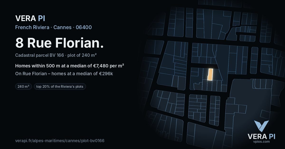8 Rue Florian, Cannes at night – the plot lit, the parcels around coloured by the prices near them