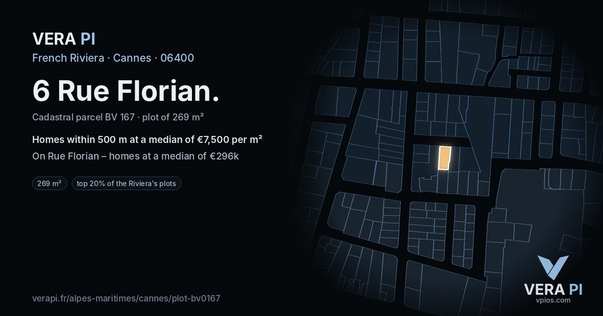 6 Rue Florian, Cannes at night – the plot lit, the parcels around coloured by the prices near them