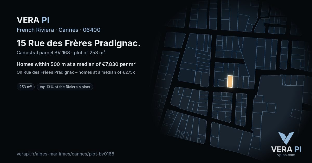 15 Rue des Frères Pradignac, Cannes at night – the plot lit, the parcels around coloured by the prices near them