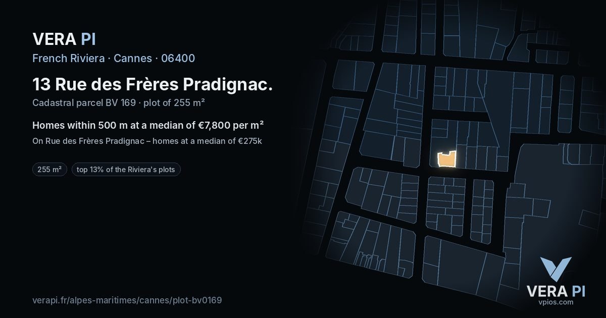 13 Rue des Frères Pradignac, Cannes at night – the plot lit, the parcels around coloured by the prices near them