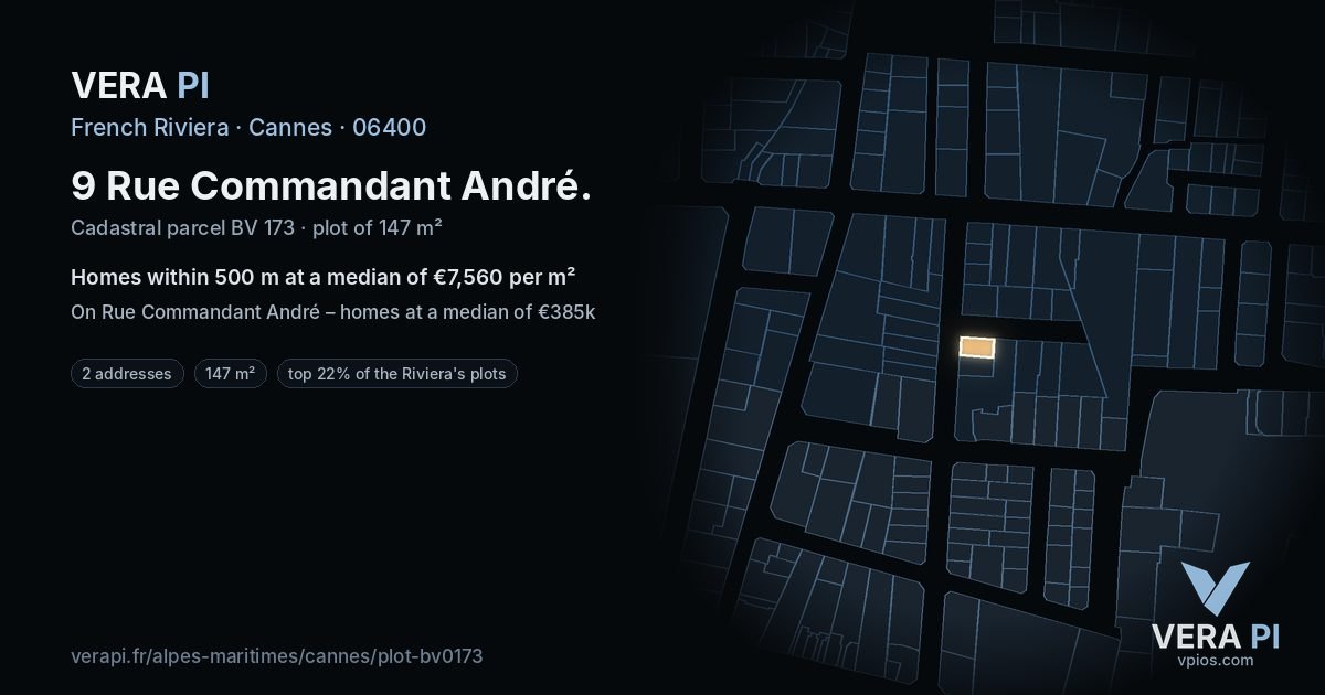 9 Rue Commandant André, Cannes at night – the plot lit, the parcels around coloured by the prices near them