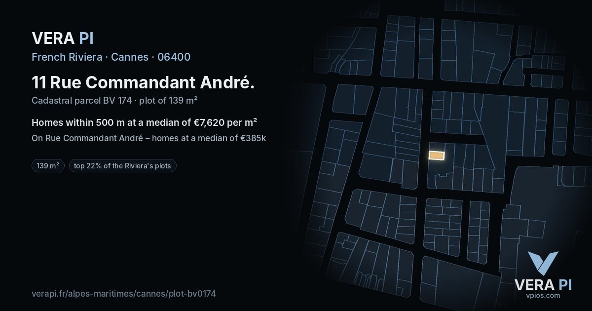 11 Rue Commandant André, Cannes at night – the plot lit, the parcels around coloured by the prices near them