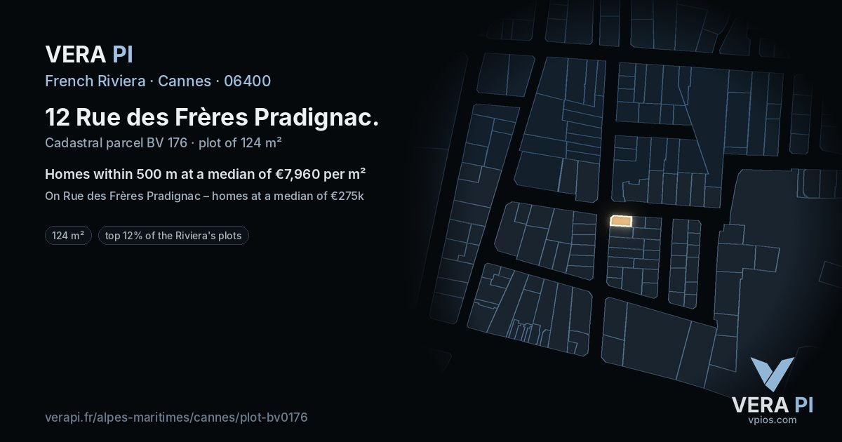 12 Rue des Frères Pradignac, Cannes at night – the plot lit, the parcels around coloured by the prices near them
