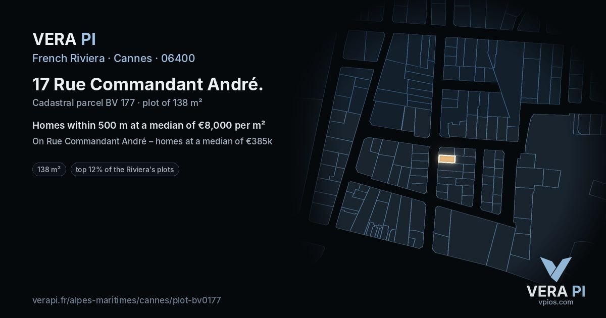 17 Rue Commandant André, Cannes at night – the plot lit, the parcels around coloured by the prices near them