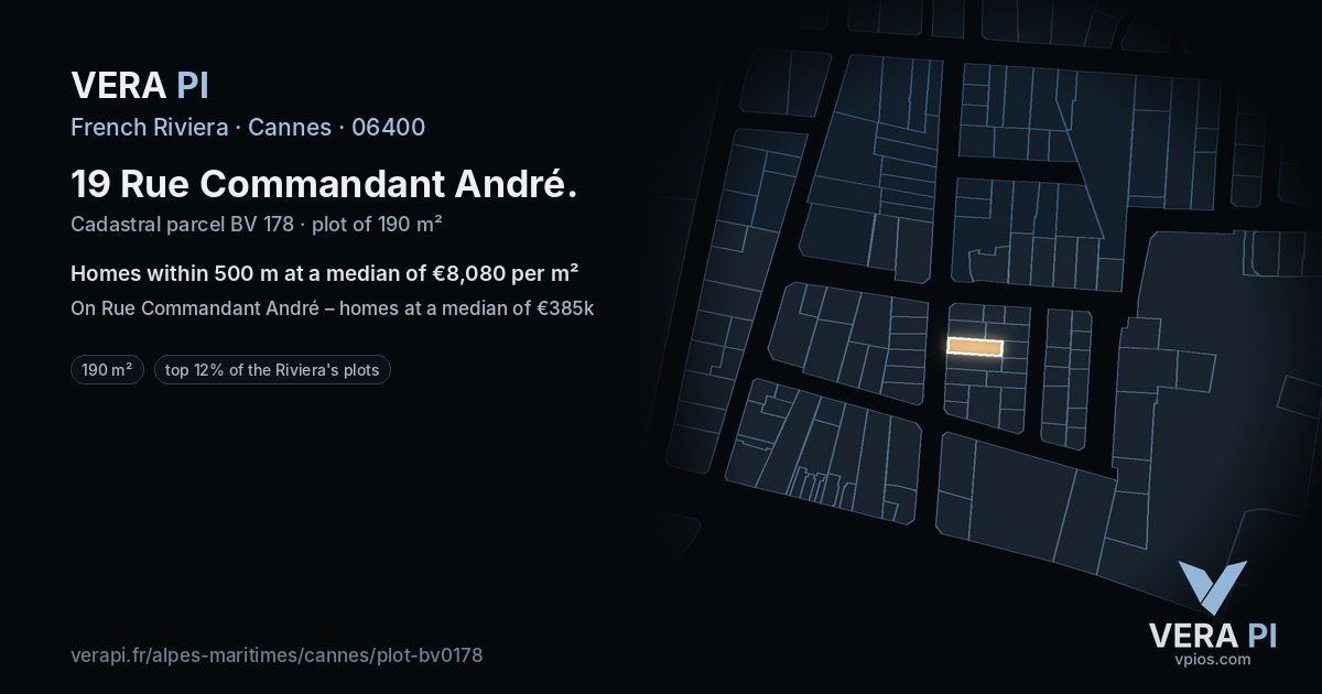 19 Rue Commandant André, Cannes at night – the plot lit, the parcels around coloured by the prices near them