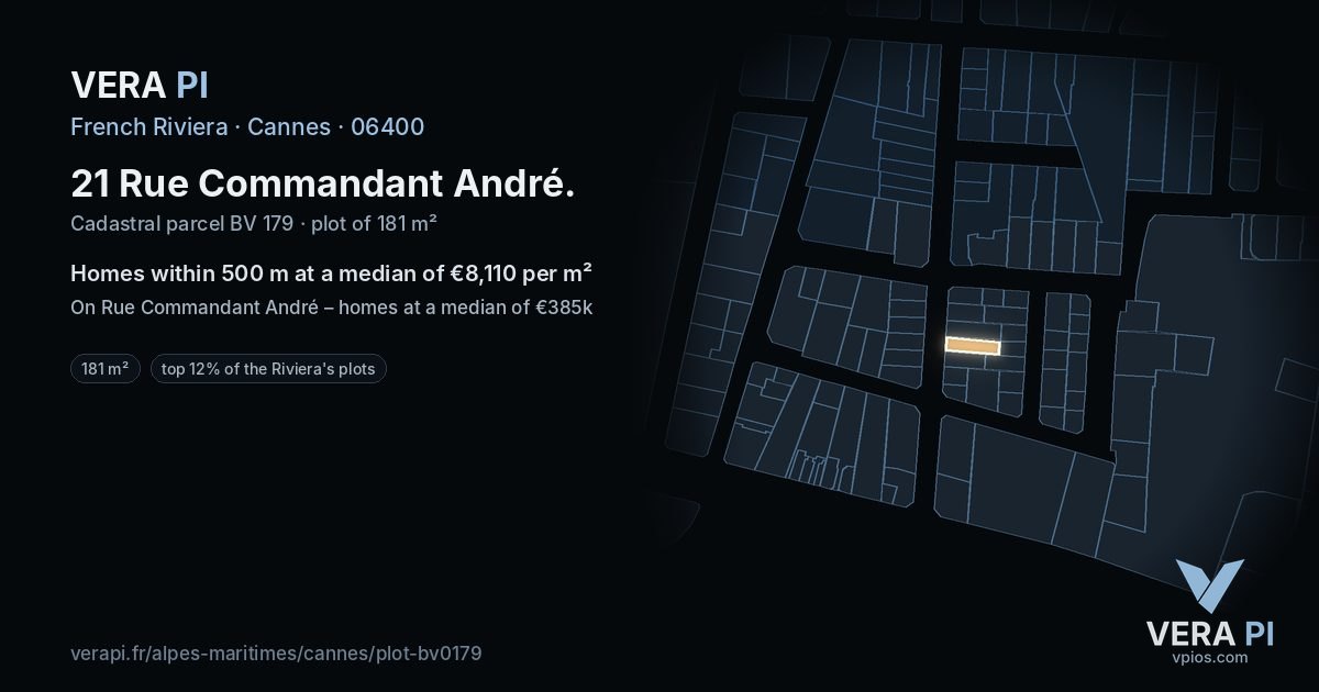 21 Rue Commandant André, Cannes at night – the plot lit, the parcels around coloured by the prices near them