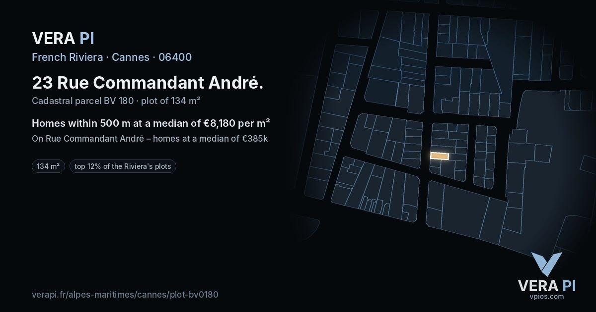 23 Rue Commandant André, Cannes at night – the plot lit, the parcels around coloured by the prices near them