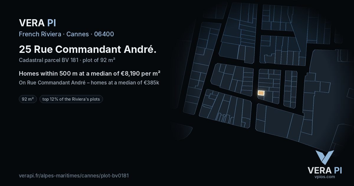 25 Rue Commandant André, Cannes at night – the plot lit, the parcels around coloured by the prices near them