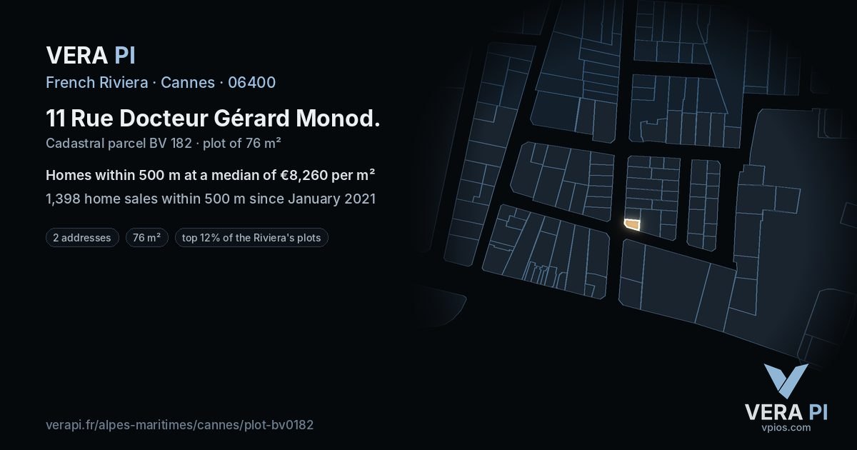 11 Rue Docteur Gérard Monod, Cannes at night – the plot lit, the parcels around coloured by the prices near them