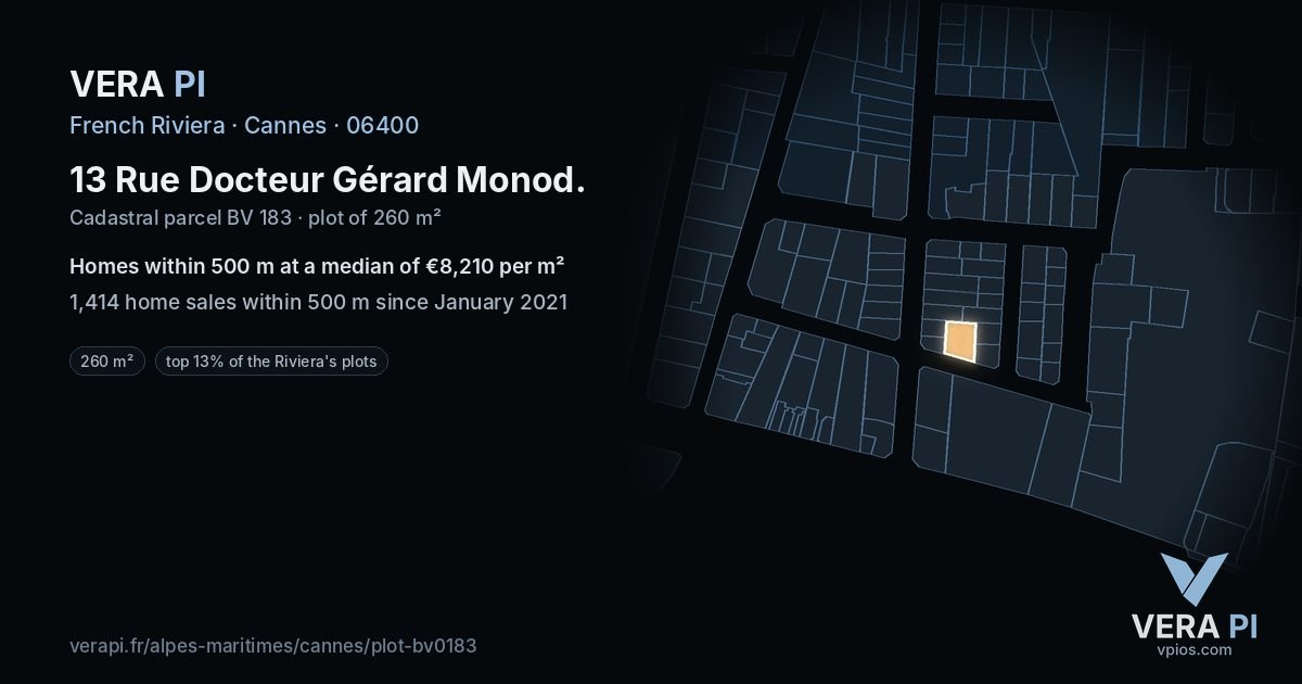 13 Rue Docteur Gérard Monod, Cannes at night – the plot lit, the parcels around coloured by the prices near them
