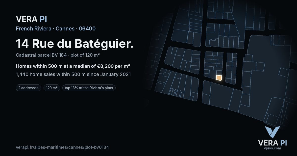 14 Rue du Batéguier, Cannes at night – the plot lit, the parcels around coloured by the prices near them