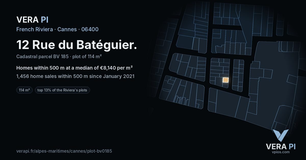 12 Rue du Batéguier, Cannes at night – the plot lit, the parcels around coloured by the prices near them