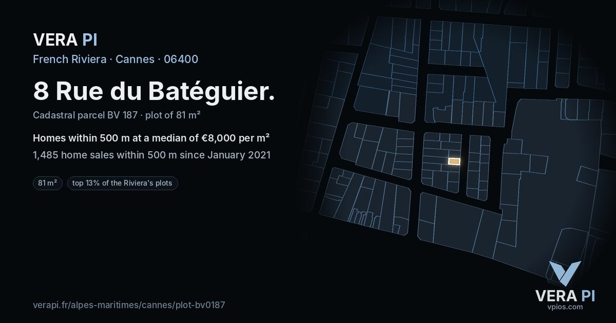 8 Rue du Batéguier, Cannes at night – the plot lit, the parcels around coloured by the prices near them