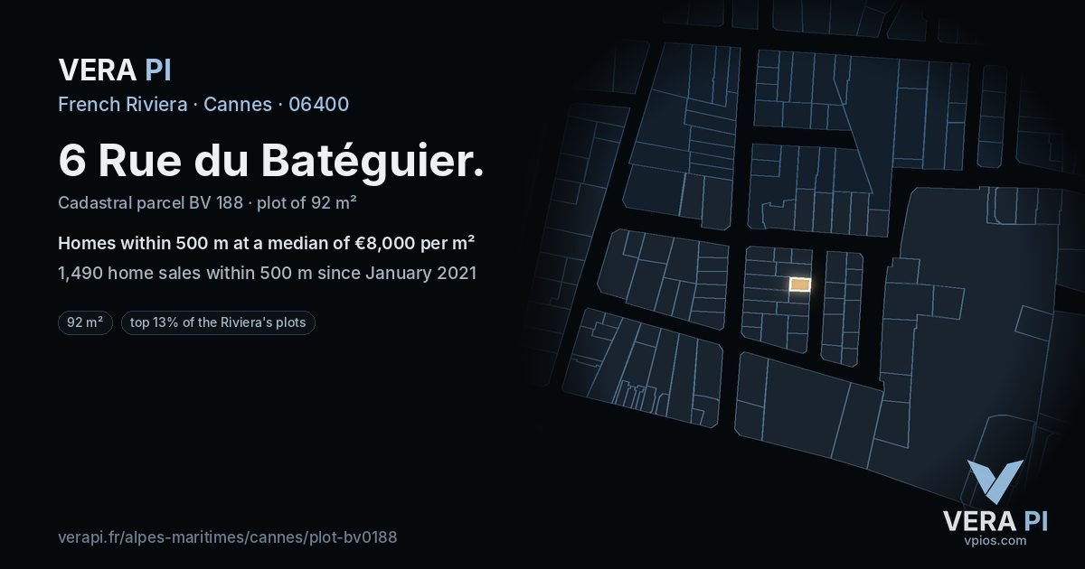 6 Rue du Batéguier, Cannes at night – the plot lit, the parcels around coloured by the prices near them