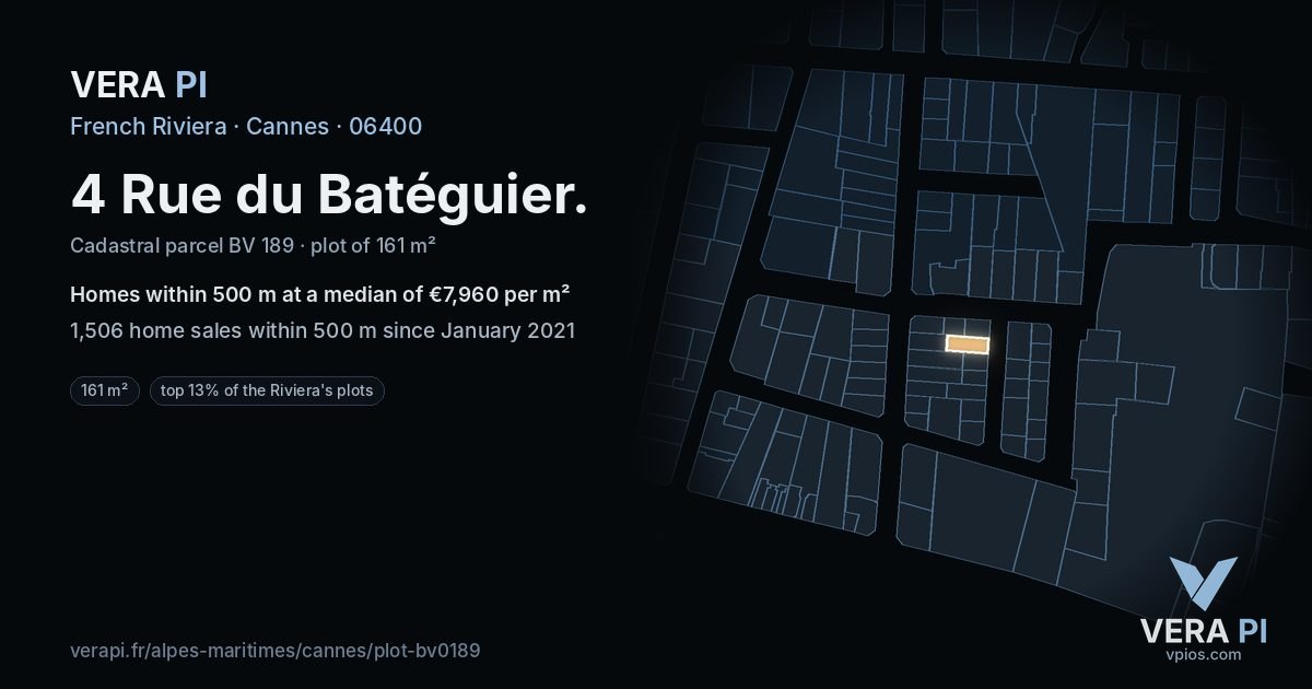 4 Rue du Batéguier, Cannes at night – the plot lit, the parcels around coloured by the prices near them