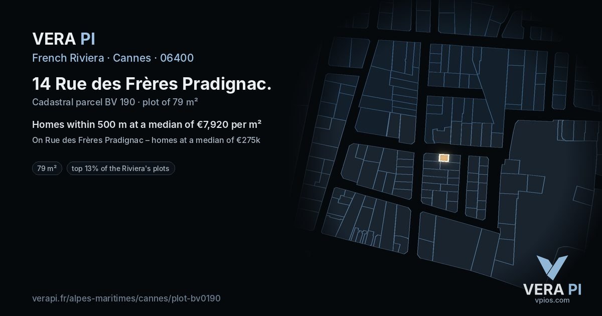 14 Rue des Frères Pradignac, Cannes at night – the plot lit, the parcels around coloured by the prices near them