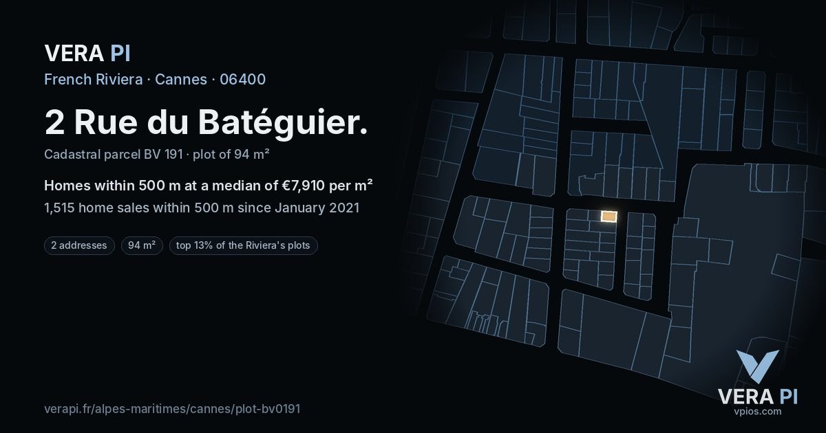 2 Rue du Batéguier, Cannes at night – the plot lit, the parcels around coloured by the prices near them