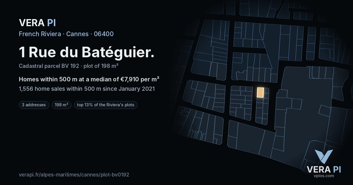 1 Rue du Batéguier, Cannes at night – the plot lit, the parcels around coloured by the prices near them
