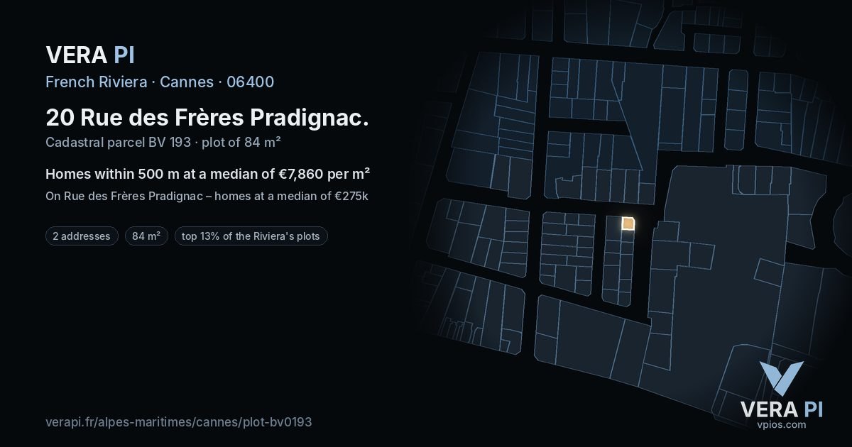 20 Rue des Frères Pradignac, Cannes at night – the plot lit, the parcels around coloured by the prices near them