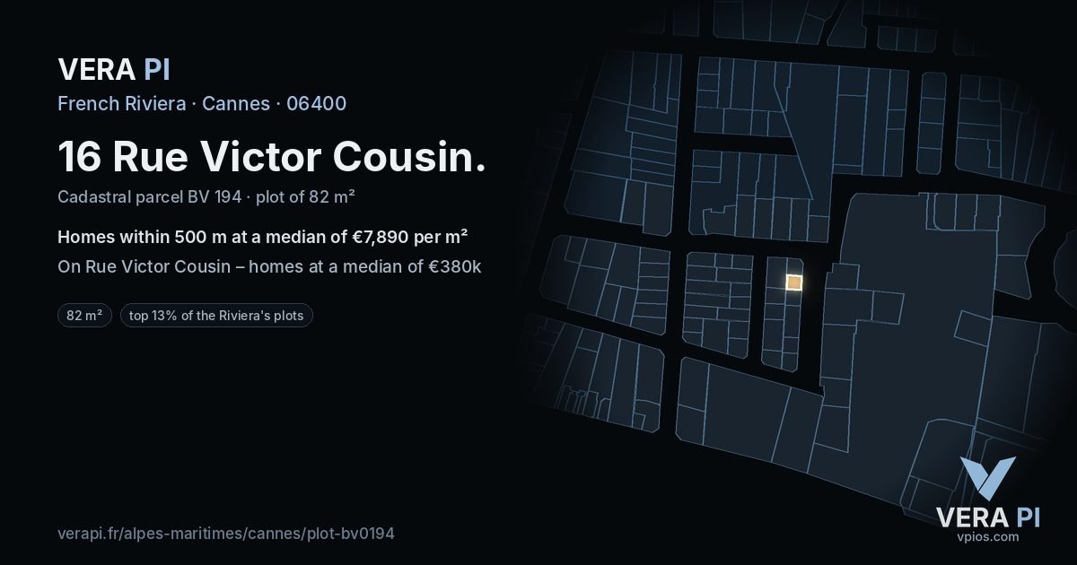 16 Rue Victor Cousin, Cannes at night – the plot lit, the parcels around coloured by the prices near them