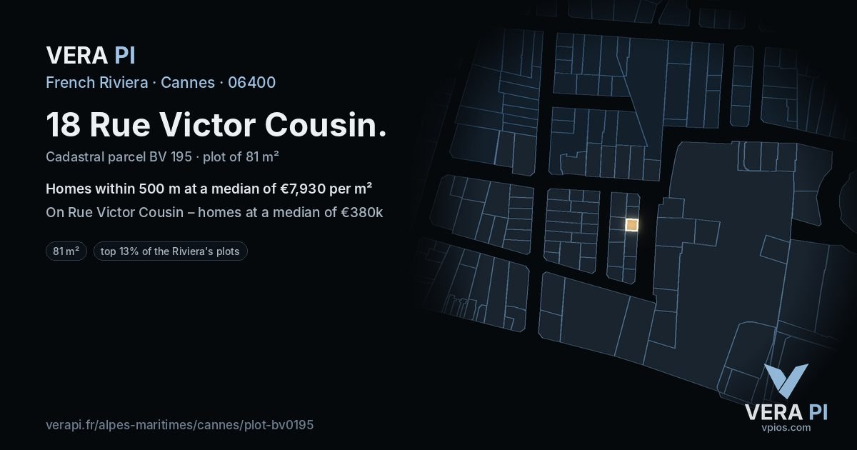 18 Rue Victor Cousin, Cannes at night – the plot lit, the parcels around coloured by the prices near them