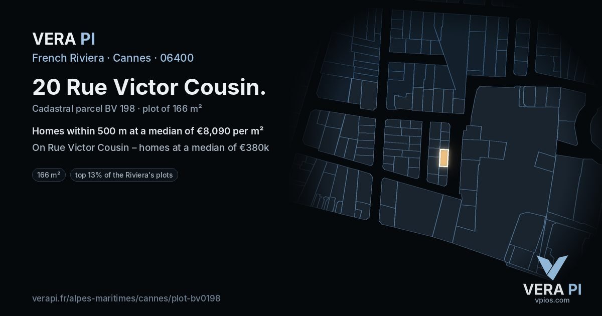20 Rue Victor Cousin, Cannes at night – the plot lit, the parcels around coloured by the prices near them