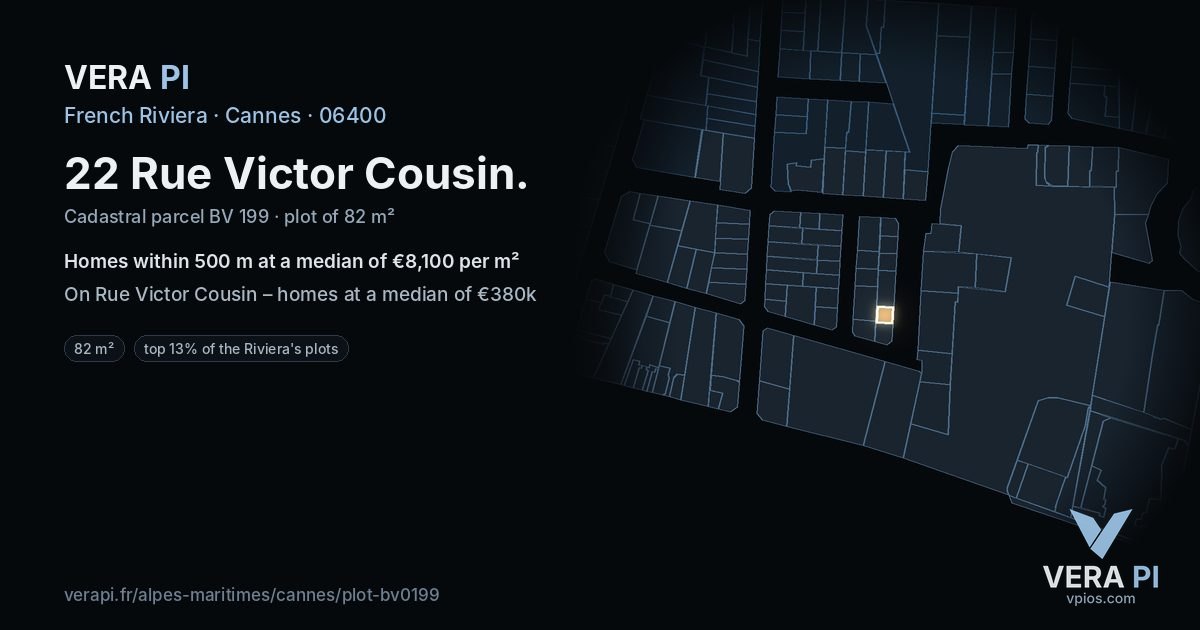 22 Rue Victor Cousin, Cannes at night – the plot lit, the parcels around coloured by the prices near them