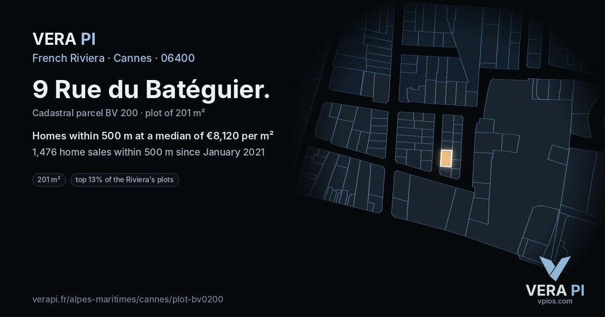 9 Rue du Batéguier, Cannes at night – the plot lit, the parcels around coloured by the prices near them
