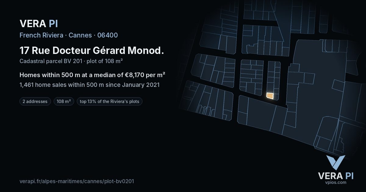 17 Rue Docteur Gérard Monod, Cannes at night – the plot lit, the parcels around coloured by the prices near them