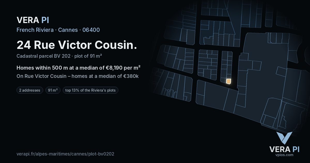 24 Rue Victor Cousin, Cannes at night – the plot lit, the parcels around coloured by the prices near them