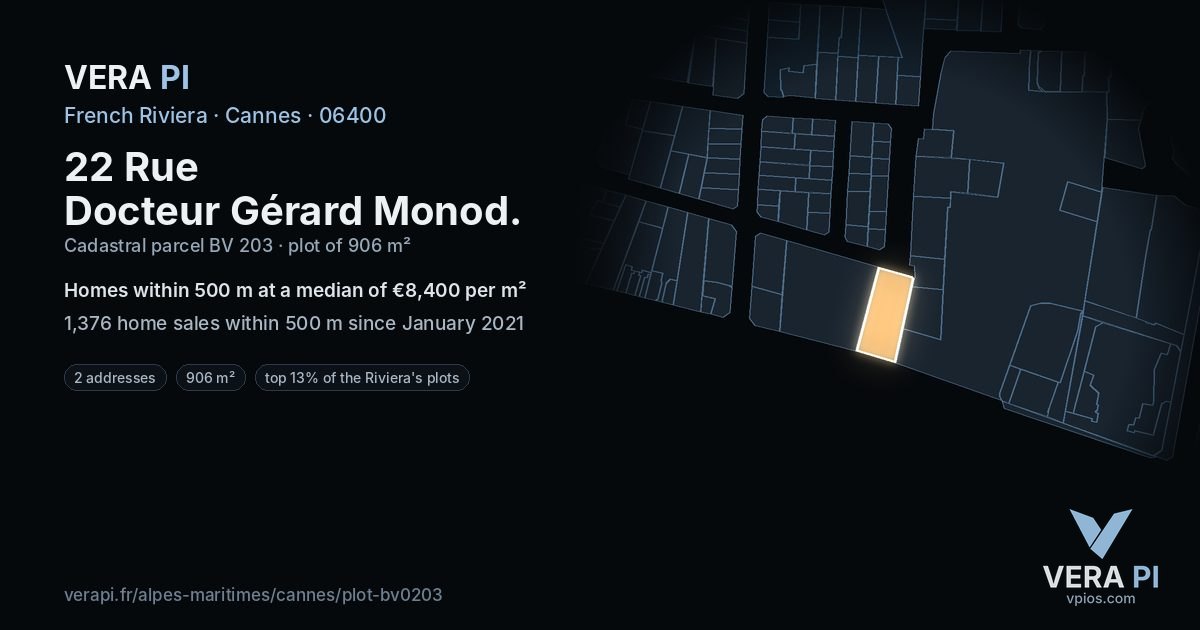22 Rue Docteur Gérard Monod, Cannes at night – the plot lit, the parcels around coloured by the prices near them
