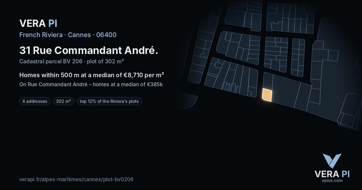 31 Rue Commandant André, Cannes at night – the plot lit, the parcels around coloured by the prices near them