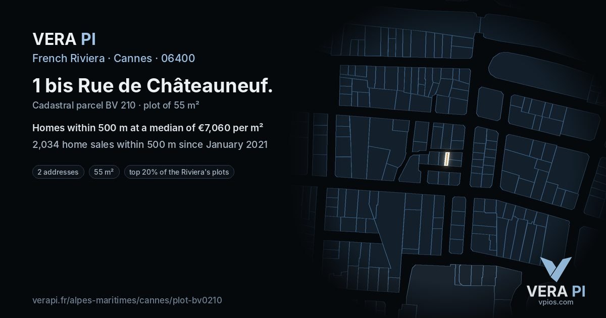 1 bis Rue de Châteauneuf, Cannes at night – the plot lit, the parcels around coloured by the prices near them