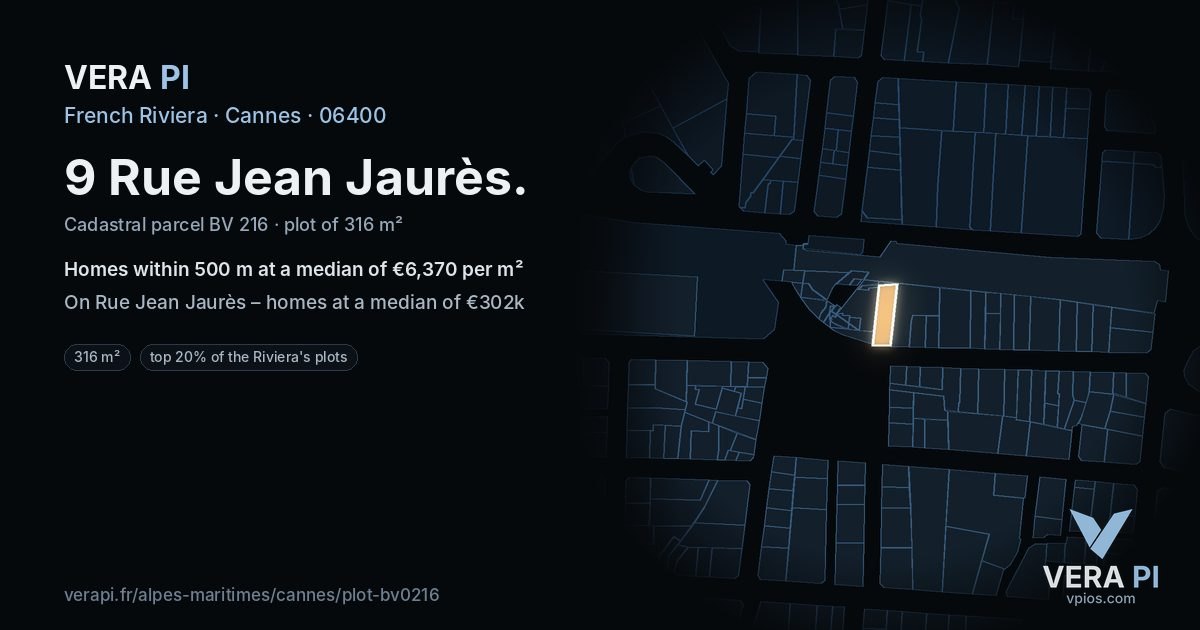 9 Rue Jean Jaurès, Cannes at night – the plot lit, the parcels around coloured by the prices near them