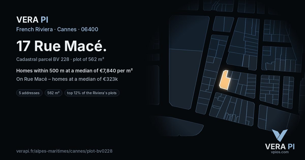 17 Rue Macé, Cannes at night – the plot lit, the parcels around coloured by the prices near them
