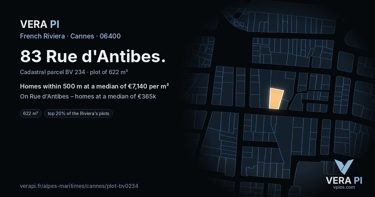 83 Rue d'Antibes, Cannes at night – the plot lit, the parcels around coloured by the prices near them