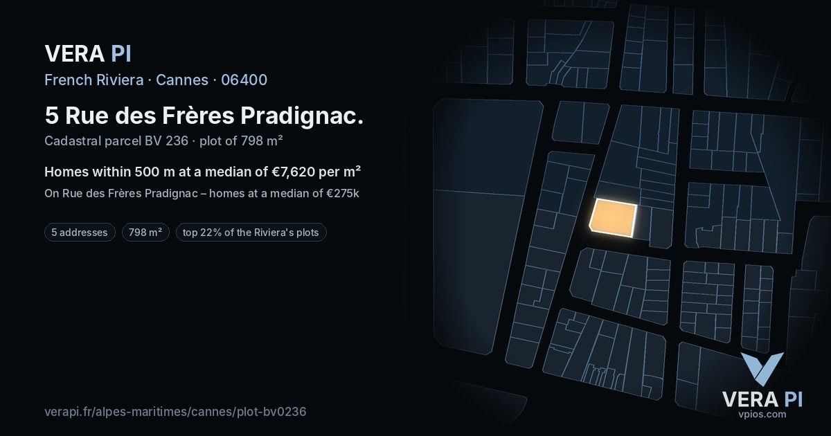 5 Rue des Frères Pradignac, Cannes at night – the plot lit, the parcels around coloured by the prices near them