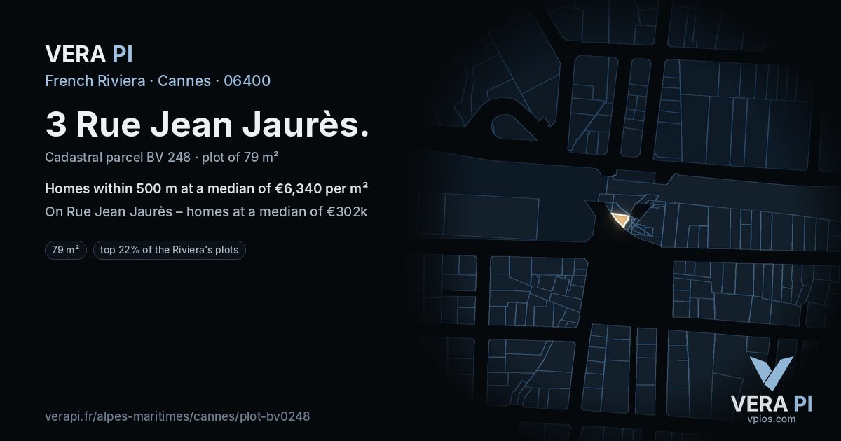 3 Rue Jean Jaurès, Cannes at night – the plot lit, the parcels around coloured by the prices near them